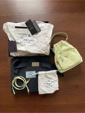 Prada Duet Re-Nylon Bucket Bag 2021 Acqua Green Gold HW